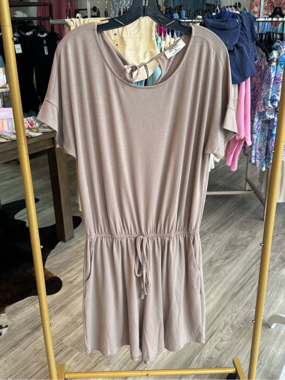 Zenana Outfitters Taupe Short-Sleeve Drawstring Romper